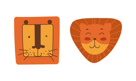 Funny Lion Snout as African Animal with Mane Doodle Vector Setのイラスト素材