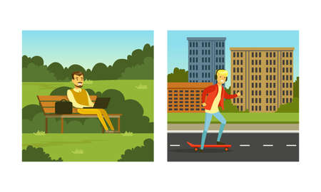 Man Enjoying Outdoor Walk Sitting on Bench with Laptop in the Park and Skateboarding Along the Alley Vector Setのイラスト素材