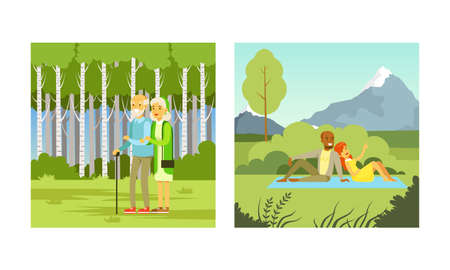 Man and Woman Enjoying Outdoor Walk Through Forest and Resting on Blanket at Nature Vector Setのイラスト素材