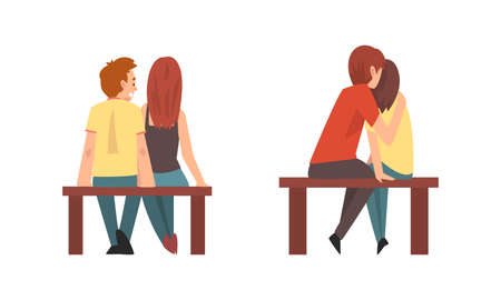 Young Male and Female Couple Sitting on Bench Feeling Love and Affection Vector Setのイラスト素材