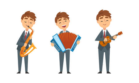 Young Man in Suit and Tie Playing Musical Instrument Performing Concert on Stage Vector Setのイラスト素材