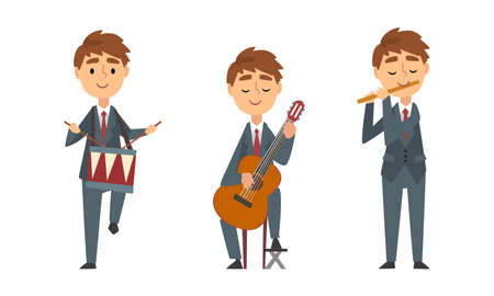 Young Man in Suit and Tie Playing Musical Instrument Performing Concert on Stage Vector Setのイラスト素材