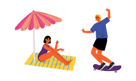 Young Man and Woman at Seaside Sunbathing on Blanket and Riding Skateboard Enjoying Hot Summer Vector Setのイラスト素材
