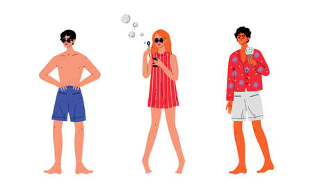 Young Man and Woman in Sunglasses at Seaside Eating Ice Cream and Blowing Soap Bubbles Enjoying Hot Summer Vector Setのイラスト素材