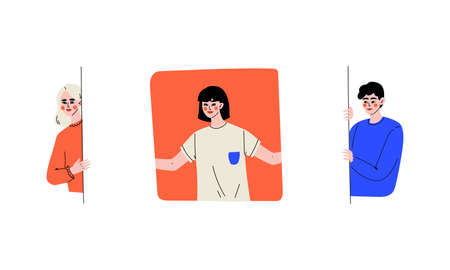Young Man and Woman Looking Out of Square Window and from the Corner Vector Setのイラスト素材