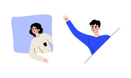 Young Man and Woman Looking Out of Window and Waving Hand Vector Set