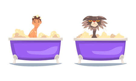 Young Male and Whiskered Cat Bathing in the Bathtub Washing Body with Soap Vector Setのイラスト素材