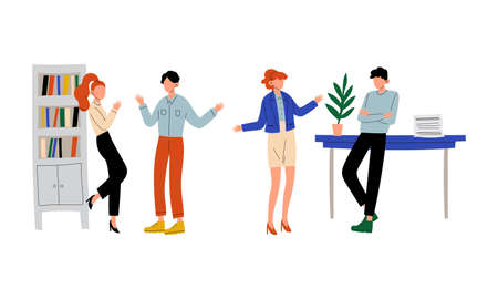 Man and Woman Office Worker Standing and Discussing Business Vector Setのイラスト素材