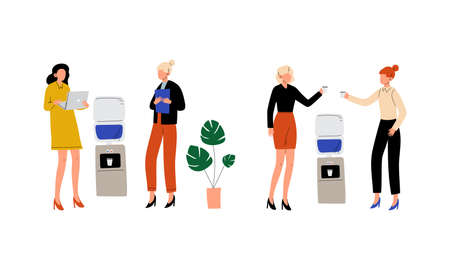 Woman Office Worker Standing Near Water Dispenser and Discussing Business Vector Setのイラスト素材