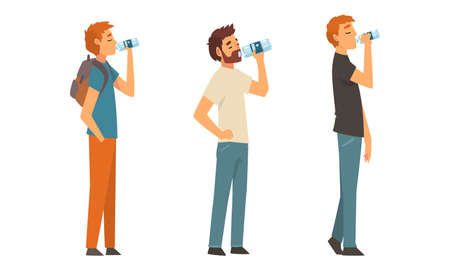 People Character Standing and Drinking Water from Plastic Bottle Vector Setのイラスト素材