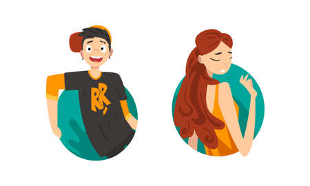 Teen Boy and Girl Looking Out from Geometric Shape Vector Setのイラスト素材