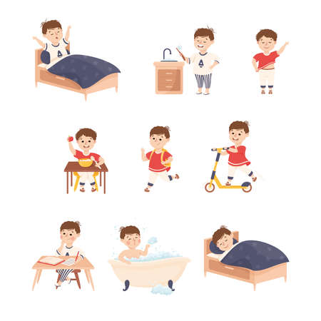 Little Boy Engaged in Daily Activity and Everyday Routine Vector Setのイラスト素材