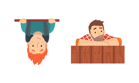 Teen Boy with Backpack and Bearded Man Looking Out From Fence and Wall Corner Vector Setのイラスト素材