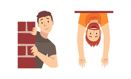 Man Looking Out From Brick Wall and Hanging Upside Down Vector Set.のイラスト素材