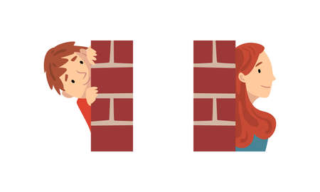 Man and Woman Looking Out From Brick Wall Corner Vector Setのイラスト素材