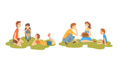 People Character Enjoying Summer Sitting on Green Lawn and Having Picnic Vector Setのイラスト素材