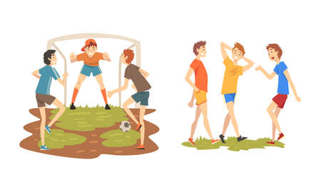Teen Boy Enjoying Summer Walking Together and Playing Football Vector Setのイラスト素材