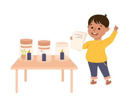 Little Boy Working on Physics Science Experiment with Flame in Jar Vector Illustrationのイラスト素材