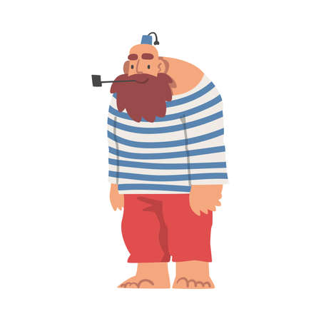 Bearded Brutal Man Pirate or Buccaneer Character in Striped Vest Smoking Pipe as Marine Robber Vector Illustrationのイラスト素材