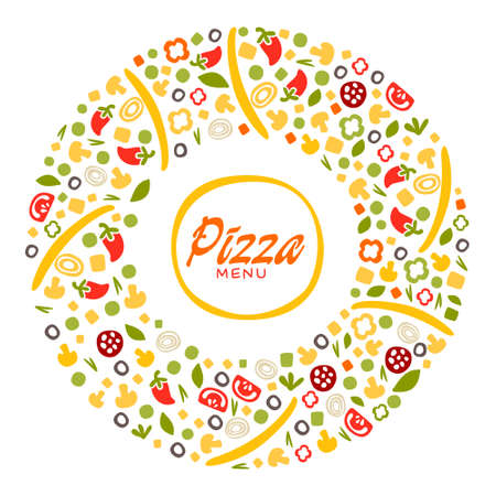 Pizza House or Pizzeria Circle Arrangement of Ingredients Vector Templateのイラスト素材