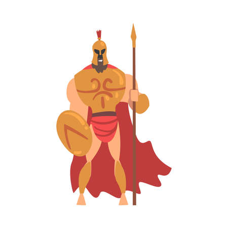 Spartan Man in Red Cloak and Helmet Armed with Spear and Shield Standing Vector Illustrationのイラスト素材