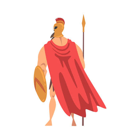 Spartan Man in Red Cloak and Helmet Armed with Spear and Shield Standing Vector Illustrationのイラスト素材