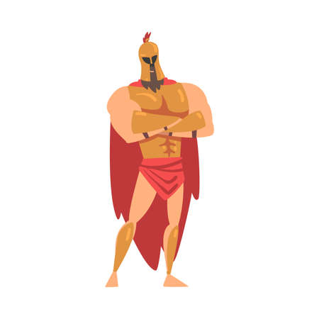Spartan Man in Red Cloak and Helmet Standing with Folded Arms Vector Illustrationのイラスト素材