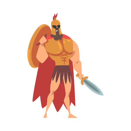 Spartan Man in Red Cloak and Helmet Armed with Sword and Shield Standing Vector Illustrationのイラスト素材