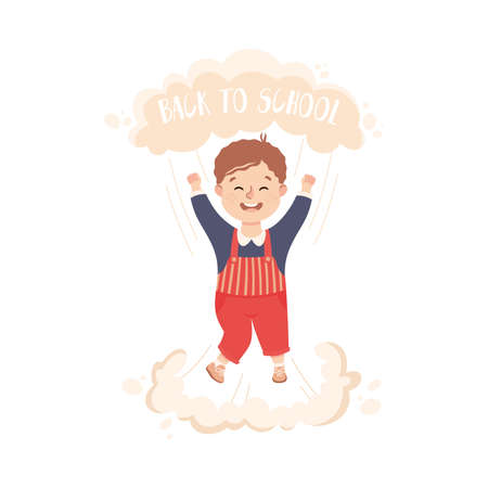 Superhero Little Boy at School Flying Up with Raised Hands Achieving Goal and Gaining Knowledge Vector Illustrationのイラスト素材