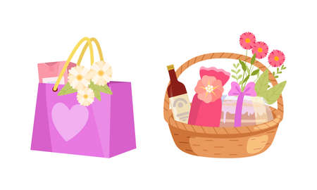 Holiday Present with Paper Bag and Wicker Basket Full of Gifts for Special Event Vector Setのイラスト素材