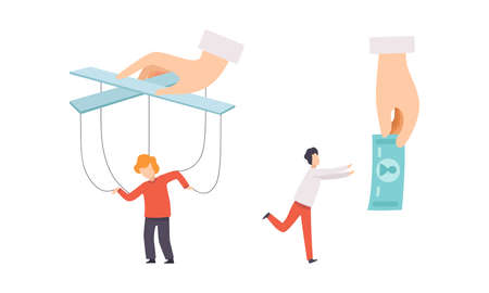 Manipulation of People with Tiny Man with Strings Controlled by Someone Vector Setのイラスト素材