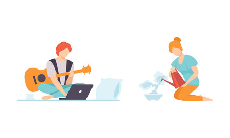 Young Female Watering Tree in Pot and Male Playing Guitar Vector Setのイラスト素材