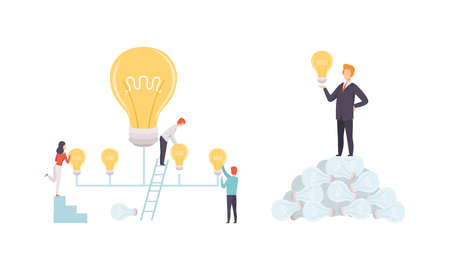 Creative Idea Searching with Business Man and Woman with Huge Light Bulb Vector Setのイラスト素材
