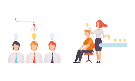 Creative Idea Searching with Business Man and Woman with Huge Light Bulb Vector Setのイラスト素材