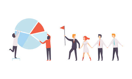 Office Colleague Working Together with Pie Chart and Leading Toward Goal Vector Setのイラスト素材