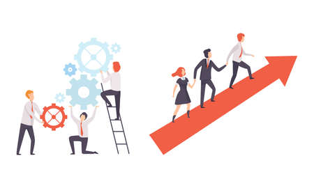 Office Colleague Working Together Spinning Gear and Climbing Arrow Vector Setのイラスト素材