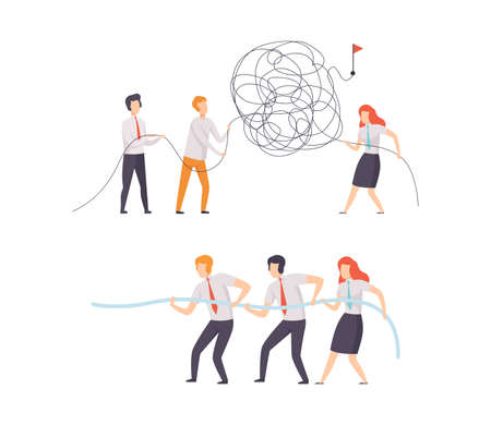 Office Colleague Working Together Solving Tangle and Pulling Rope Vector Setのイラスト素材