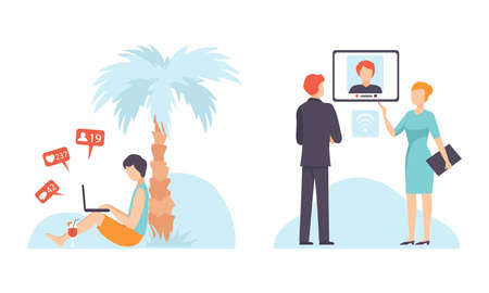 People Character Using Global Network Connection in Social Media and Video Call Vector Setのイラスト素材
