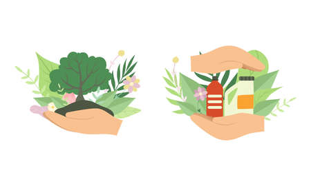 Human Hands Holding Green Foliage as Environmental and Ecology Protection Vector Setのイラスト素材