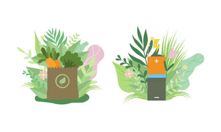 Eco Shopping Bag and Rechargeable Battery Among Green Foliage as Environmental and Ecology Protection Vector Setのイラスト素材