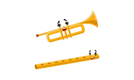 Funny Musical Instrument Cartoon Character with Smiling Face Vector Setのイラスト素材