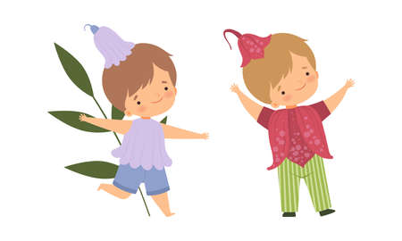 Cute Little Kids Wearing Flower Costume Vector Setのイラスト素材
