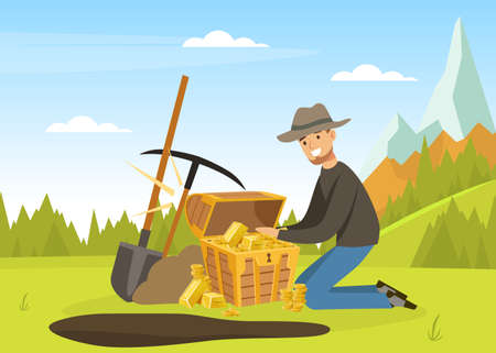 Man Treasure Hunter Finding Chest with Precious Jewel Vector Illustrationのイラスト素材