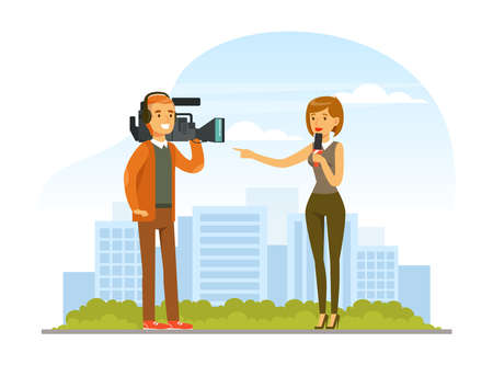 Woman TV Reporter Speaking Into Microphone and Camera Man Recording Vector Illustrationのイラスト素材