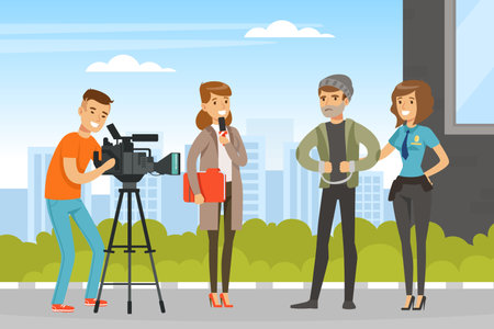 Woman TV Reporter Speaking Into Microphone Interviewing Criminal and Camera Man Recording Vector Illustrationのイラスト素材