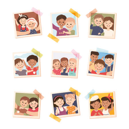 Photo Card or Snapshot with Happy Smiling Children Sticking on the Wall Vector Setのイラスト素材