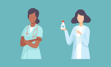 Woman Doctor in White Coat with Stethoscope and Medicament Bottle Vector Setのイラスト素材