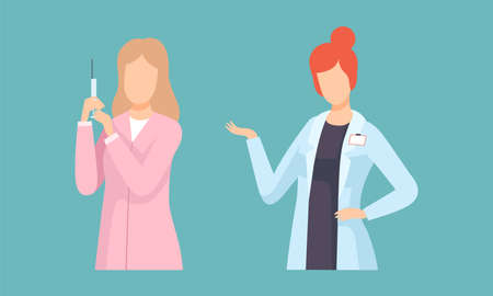 Woman Doctor in Coat Giving Advice and Holding Syringe Vector Setのイラスト素材