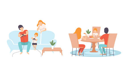 Happy Family with Man and Woman Parent with Kid Spending Good Time Together Playing Video Game and Dining at Table Vector Setのイラスト素材