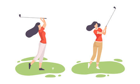 Young Woman on Green Lawn Playing Golf as Club-and-ball Sport Game Vector Setのイラスト素材